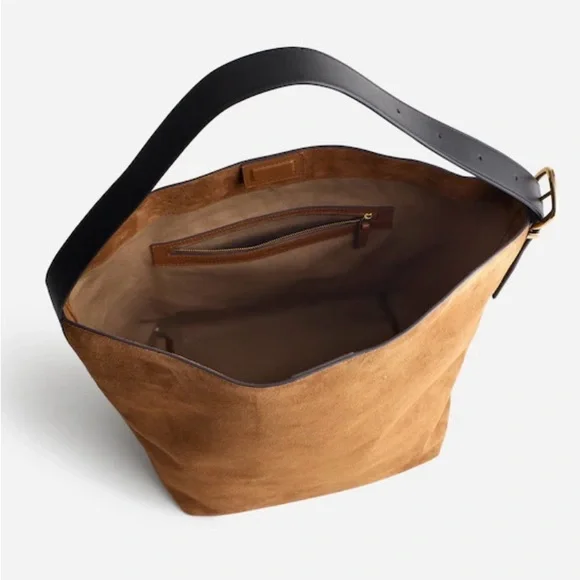 Madewell Extra-Large Essentials Aged Cognac Suede Black Leather Bucket Tote - Picture 3 of 16